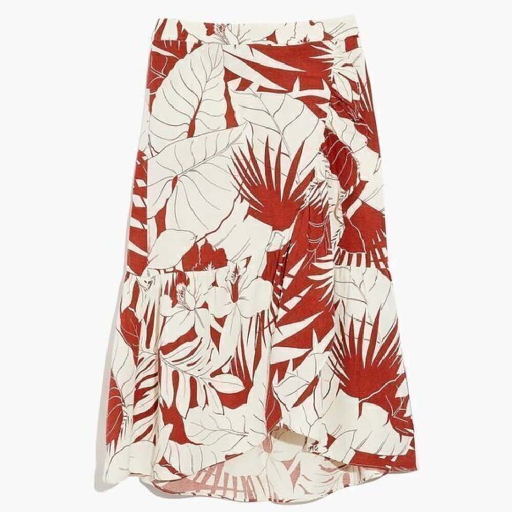 Madewell 00 Linen Ruffle Wrap Midi Skirt Tropical Vacation Floral Red White